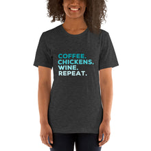 Load image into Gallery viewer, Coffee Chickens Wine Repeat Short-Sleeve Unisex T-Shirt
