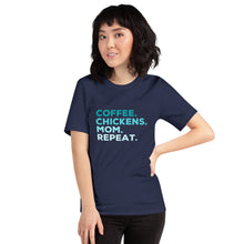 Load image into Gallery viewer, Coffee Chickens Mom Repeat Short-Sleeve Unisex T-Shirt
