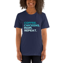 Load image into Gallery viewer, Coffee Chickens Mom Repeat Short-Sleeve Unisex T-Shirt
