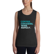 Load image into Gallery viewer, Coffee Chickens Wine Repeat Ladies’ Tank
